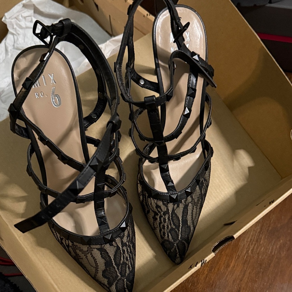 Mix No. 6 Black Lace Pointed Toe Studded Strappy Heels